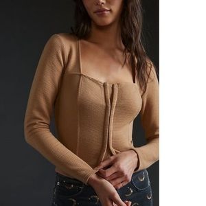 Anthropologie Ribbed Knit Corset Seamed Top Hook & Eye Tan Brown Shirt Large